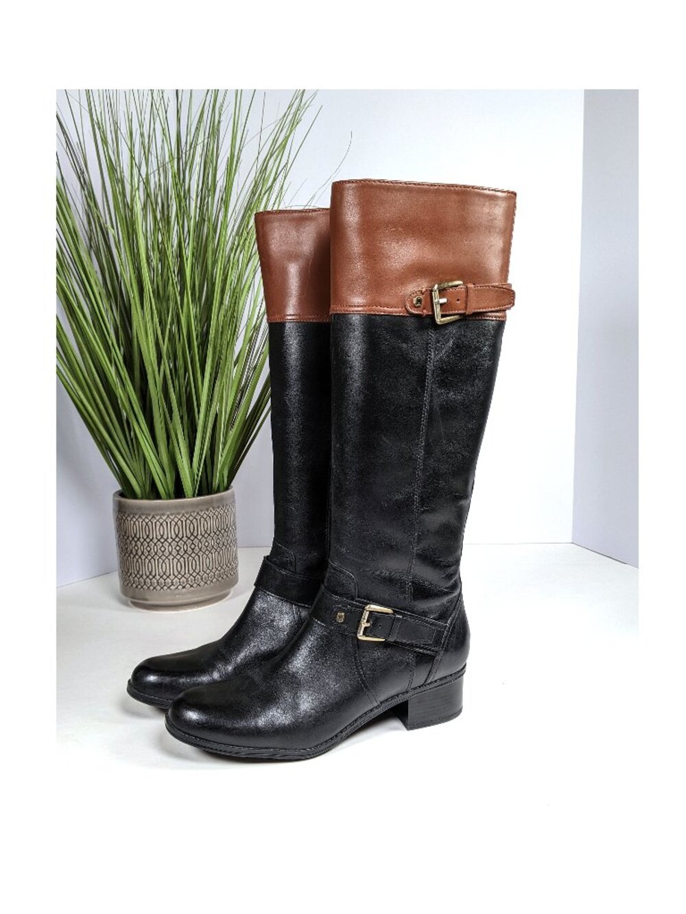 Bandolino BD7 Coppa Women's Black & Brown Tall Leather Riding Boots Size 8 M
